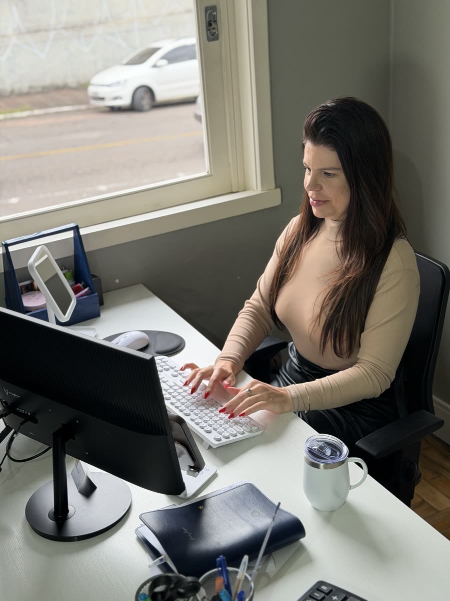 Profissional da Conexe trabalhando no computador junto à janela do escritório